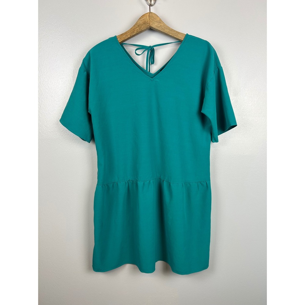 Eileen Fisher Teal Tencel Crepe‎ Dress Medium V-Neck Short Sleeve Drop Waist